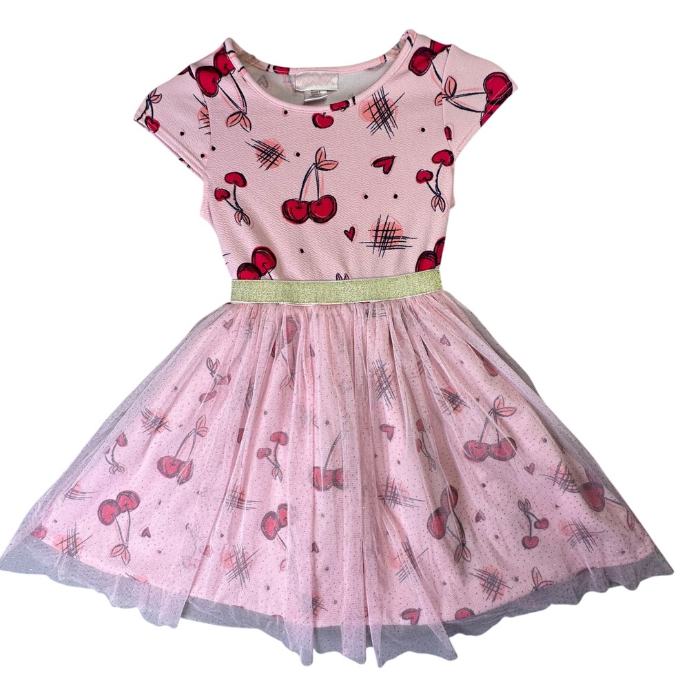 Youngland Girls Cherry Heart Tulle Skirt Dress Pink Gold Size 6 Rockabilly Sweet